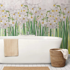 Tapet personalizat floral cu narcise albe inflorite pe fundal alb poet's narcissus
