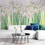 Tapet personalizat floral cu narcise albe inflorite pe fundal alb poet's narcissus