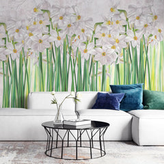 Tapet personalizat floral cu narcise albe inflorite pe fundal alb poet's narcissus