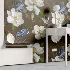 Tapet personalizat floral cu flori de stewartia pe un fundal maro blue bird stewartia i