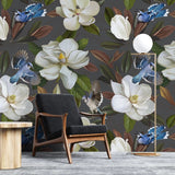 Tapet personalizat floral cu flori de stewartia pe un fundal gri inchis blue bird stewartia ii