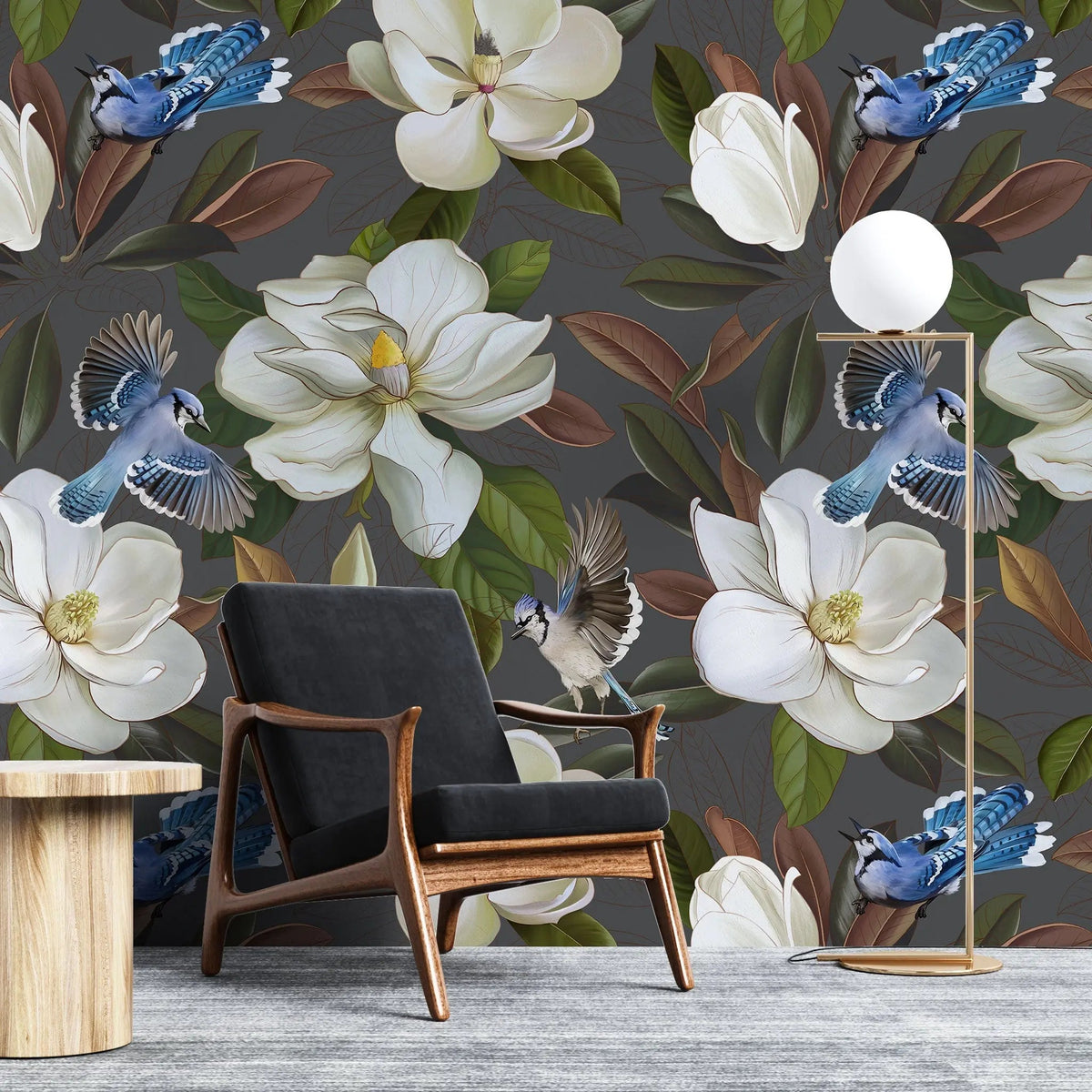Tapet personalizat floral cu flori de stewartia pe un fundal gri inchis blue bird stewartia ii