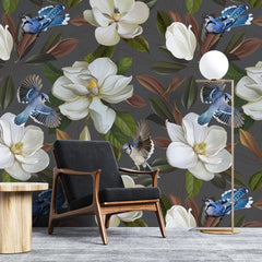 Tapet personalizat floral cu flori de stewartia pe un fundal gri inchis blue bird stewartia ii