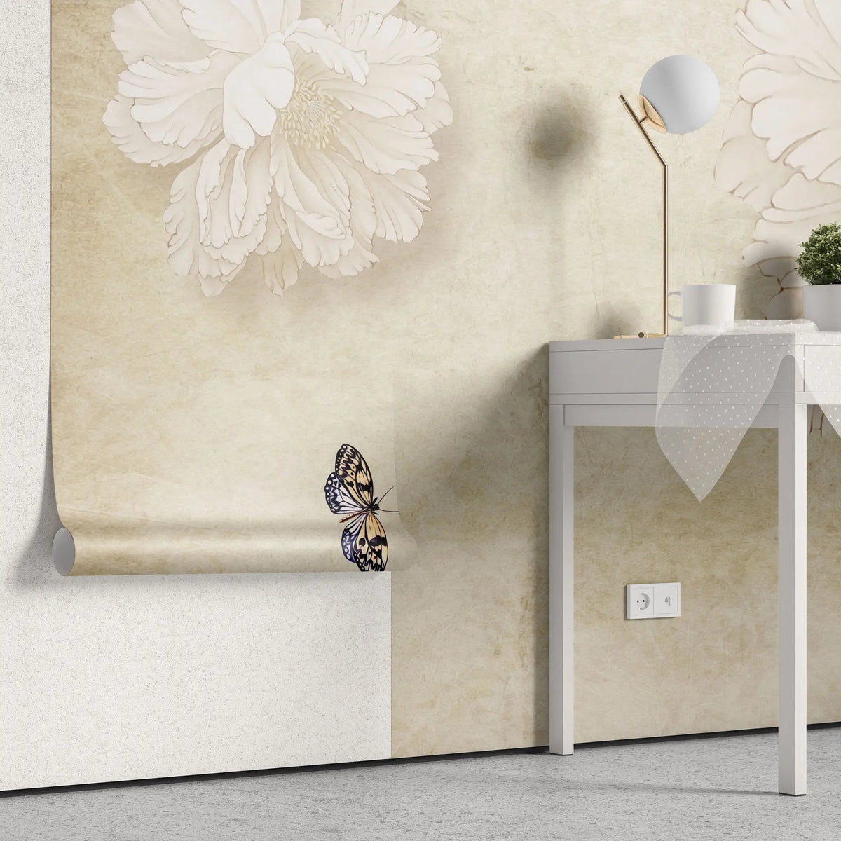 Tapet personalizat floral cu flori albe si fluturi colorati vanilla butterfly