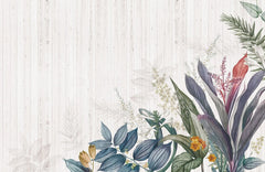 Tapet personalizat floral cu flori tropicale pe un fundal de lemn alb woody tropical
