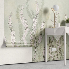 Tapet personalizat floral cu flori de iasomie stelata pe fundal verde menta minty star jasmine