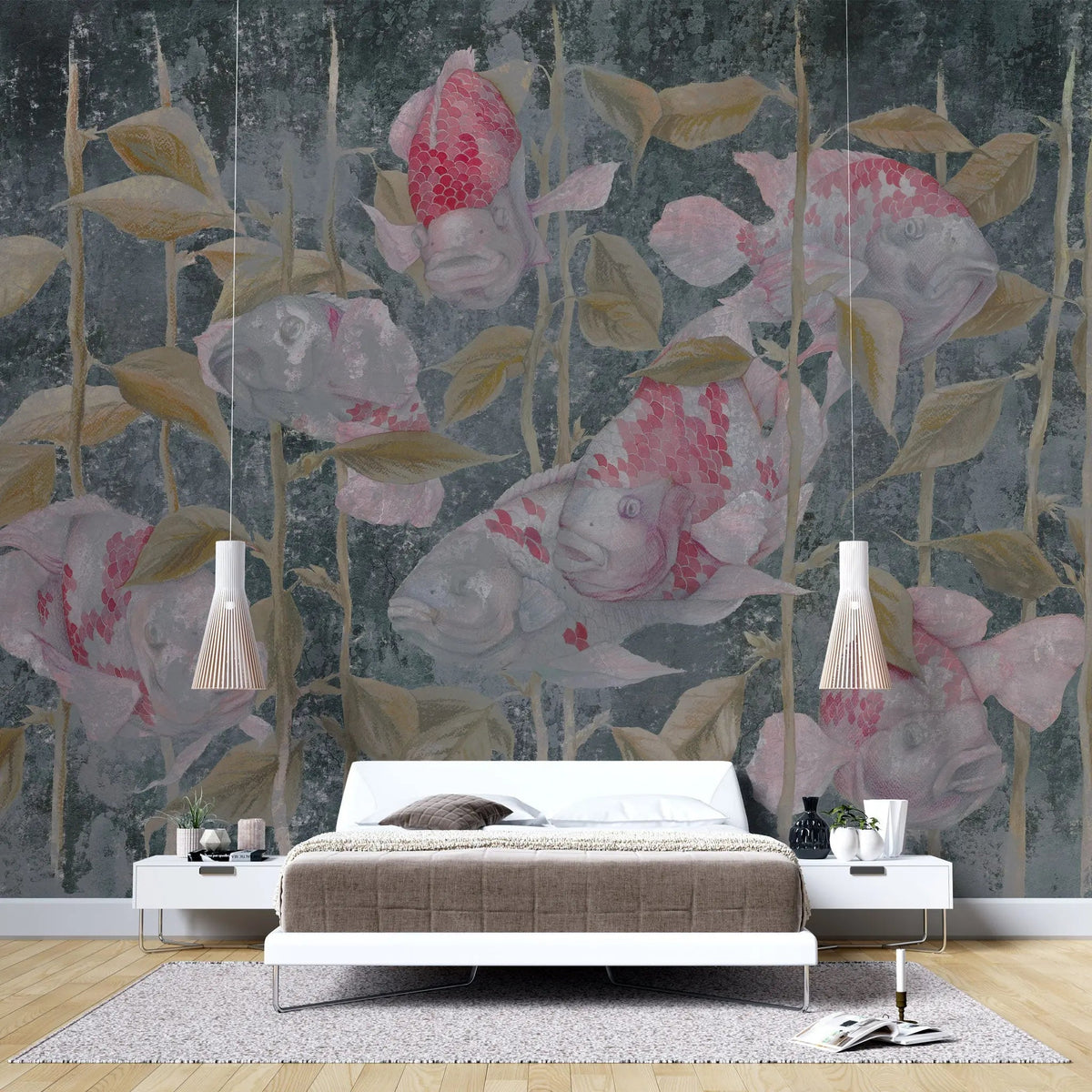Tapet personalizat floral cu pesti rozalii si plante uscate rose pisces