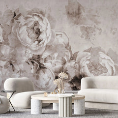 Tapet personalizat floral in stil fresca cu bujori albi peony fresque