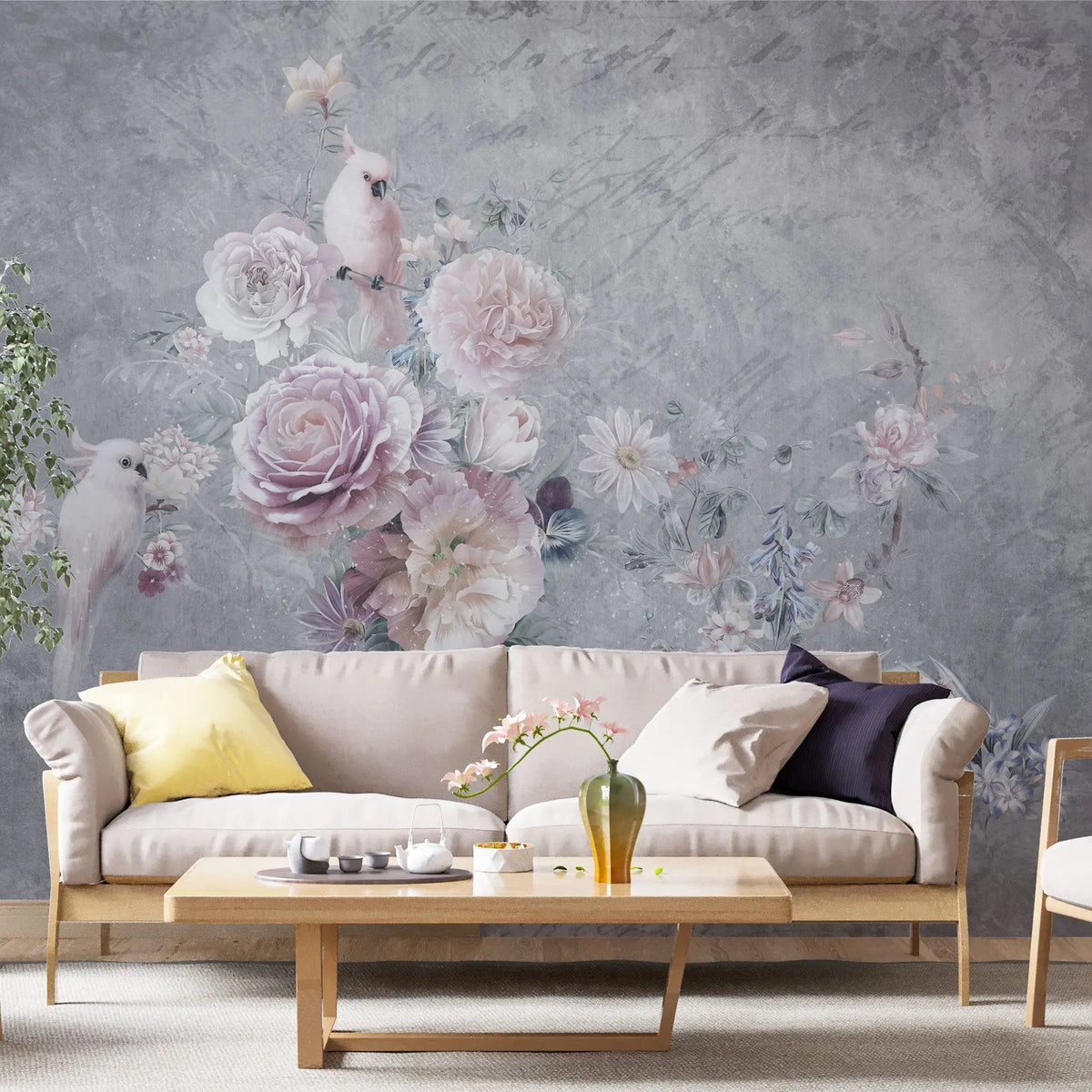 Tapet personalizat floral cu papagali albi si trandafiri roz white parrots