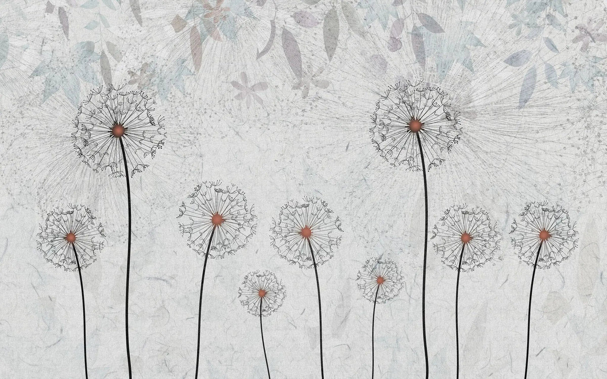 Tapet personalizat floral cu papadii pe un fundal albastru deschis light blue dandelions