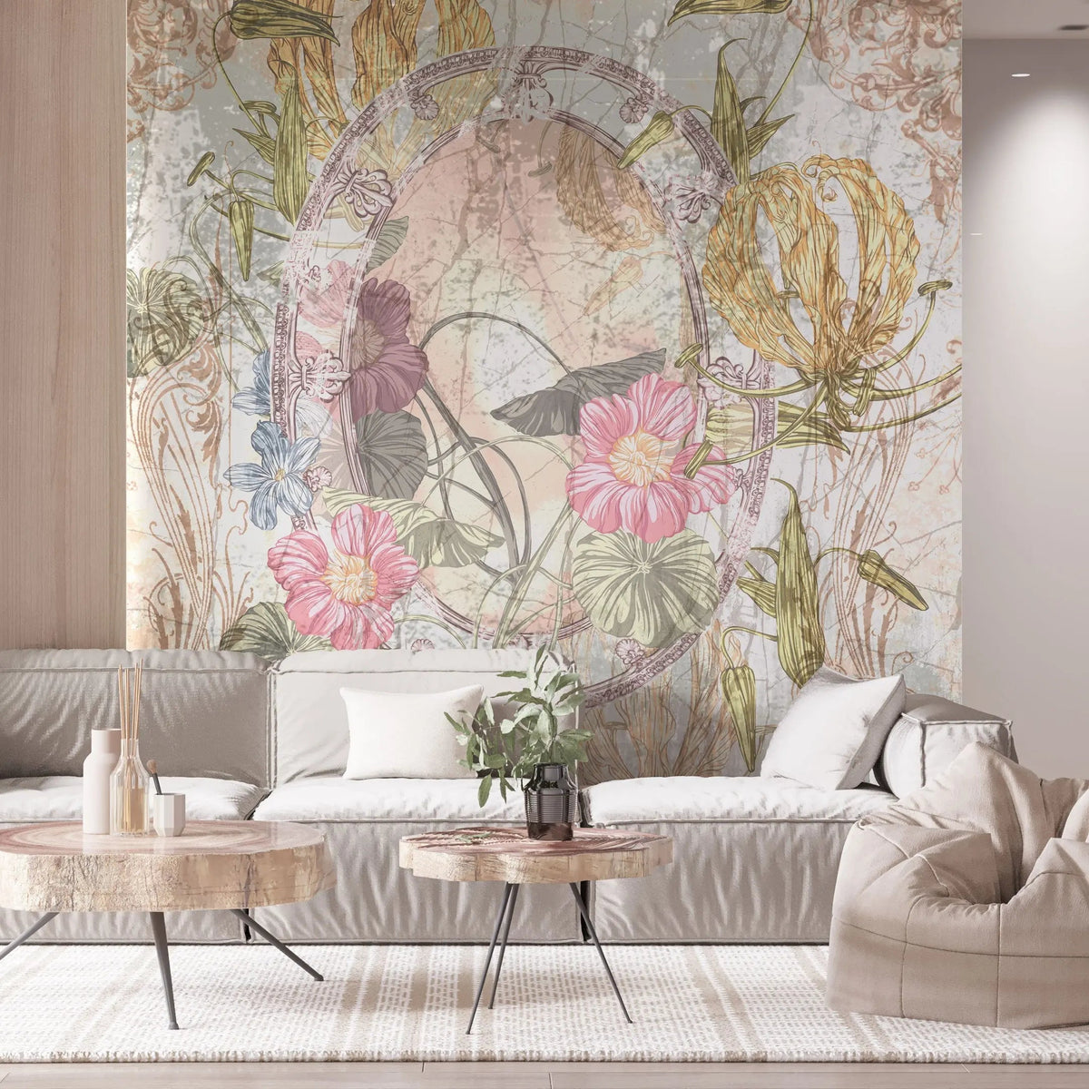 Tapet personalizat floral cu oglinda vintage si flori flower mirror