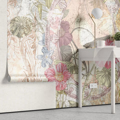 Tapet personalizat floral cu oglinda vintage si flori flower mirror