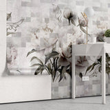Tapet personalizat floral cu flori roz de bujori infloriti pe un fundal alb geometric geometric peony