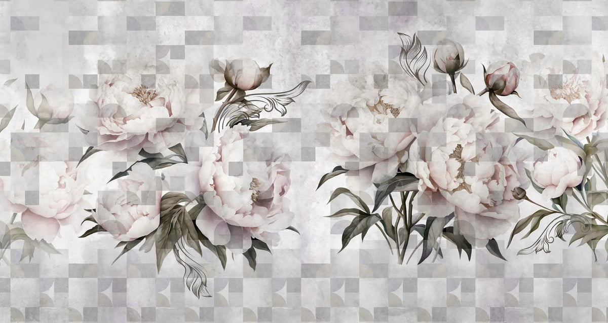 Tapet personalizat floral cu flori roz de bujori infloriti pe un fundal alb geometric geometric peony