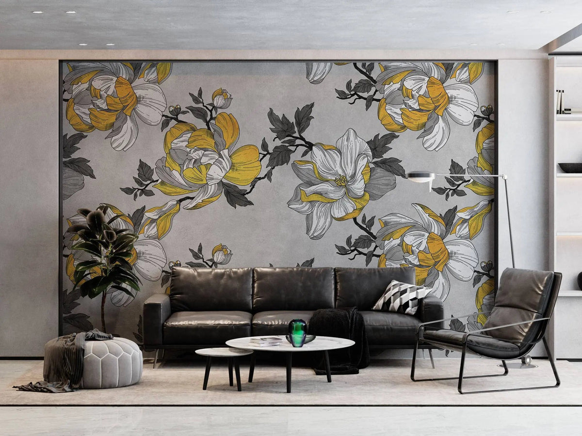 Tapet personalizat floral cu flori galbene in fundal gri grey 'n yellow