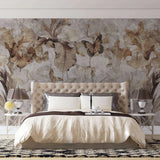 Tapet personalizat floral cu flori si fluturi in nuante de maro floral butterflies