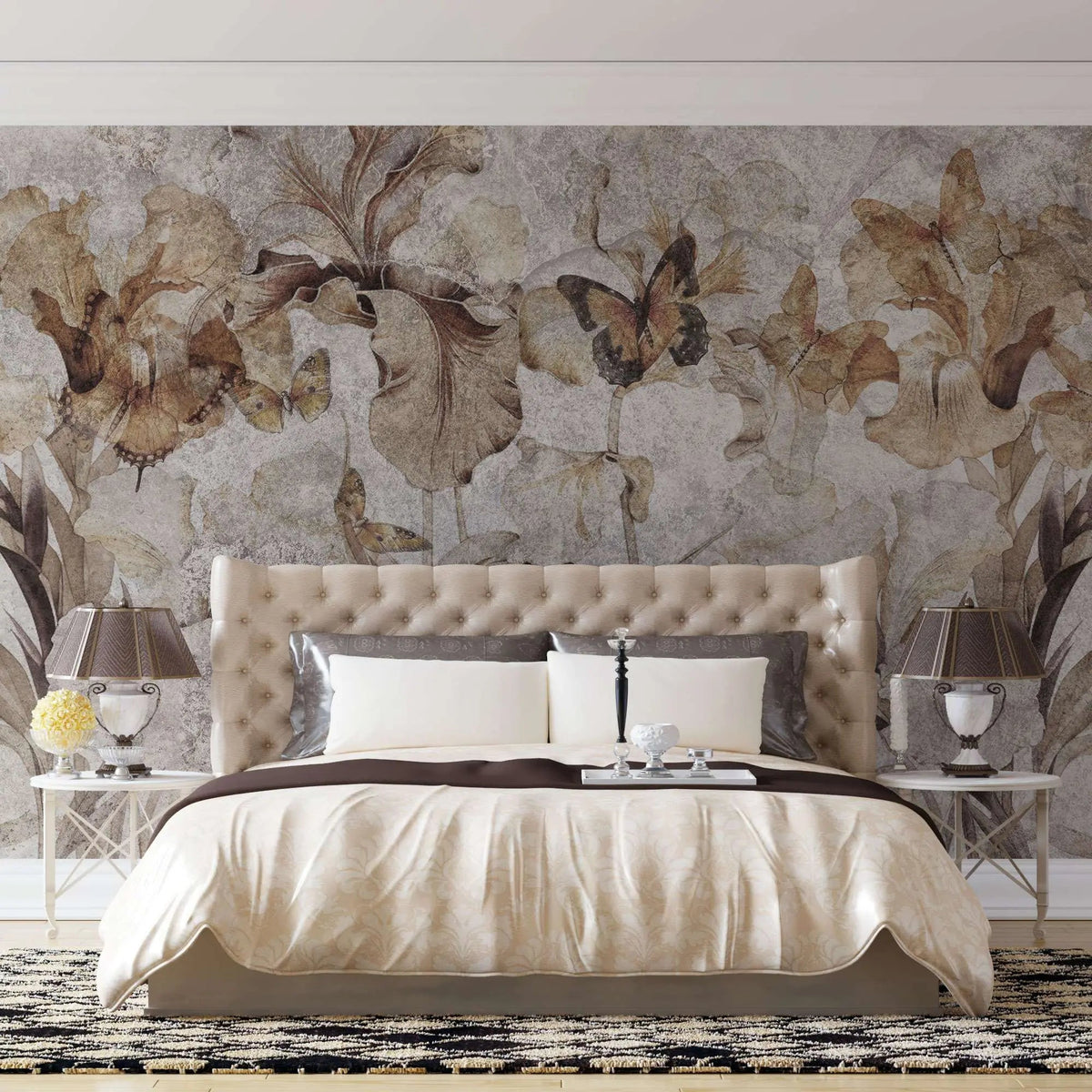 Tapet personalizat floral cu flori si fluturi in nuante de maro floral butterflies
