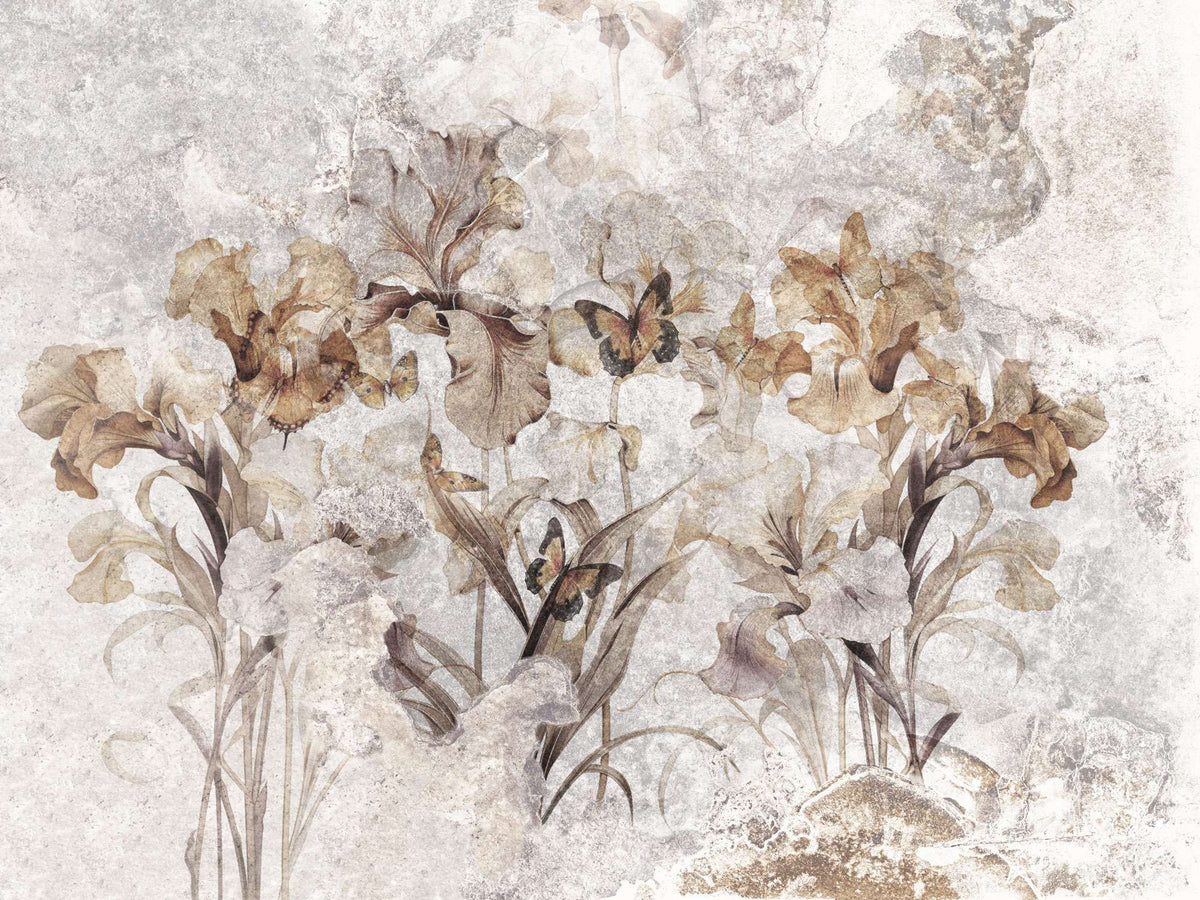 Tapet personalizat floral cu flori si fluturi in nuante de maro floral butterflies