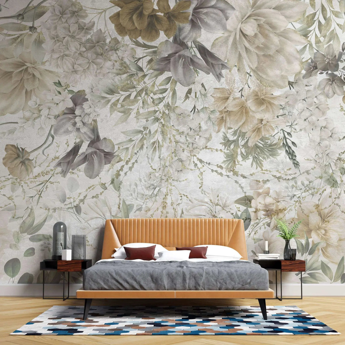 Tapet personalizat floral cu flori vesele in nuante estetice de bej grandmacore