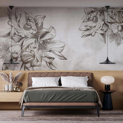 Tapet personalizat floral cu flori uscate sepia pe un fundal alb sepia sunflower
