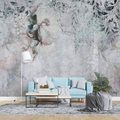 Tapet personalizat floral cu flori pictate in nuante subtile de roz si albastru intr un fundal gri texturat paintbrush flower