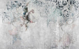 Tapet personalizat floral cu flori pictate in nuante subtile de roz si albastru intr un fundal gri texturat paintbrush flower