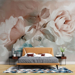 Fototapet personalizat floral cu flori mari in tonuri pastelate de roz creand o atmosfera visatoare si romantica rose pastel mural