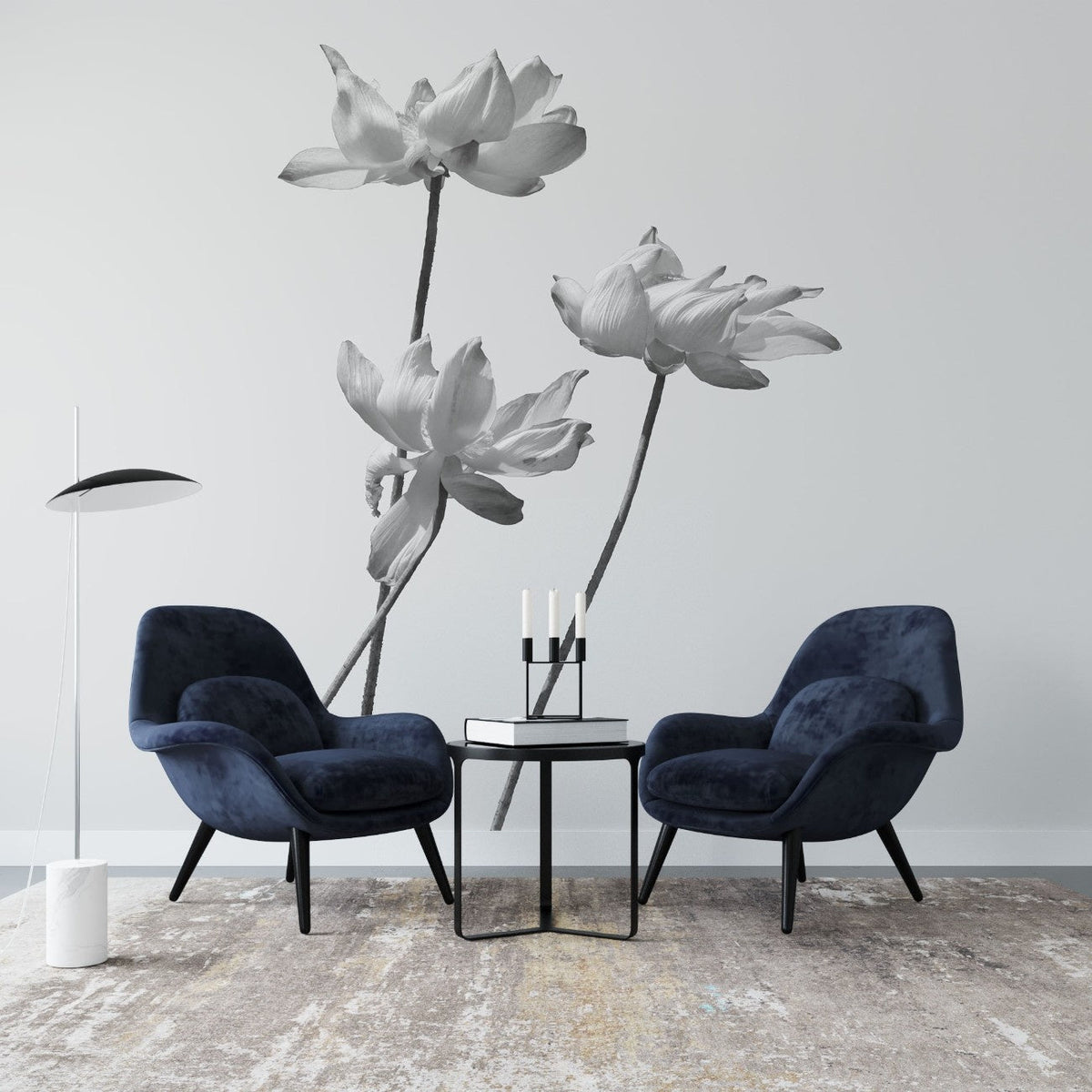 Fototapet personalizat floral cu flori stilizate in nuante de gri cu un aspect delicat si artistic grayscale flowers