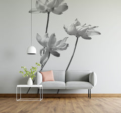 Fototapet personalizat floral cu flori stilizate in nuante de gri cu un aspect delicat si artistic grayscale flowers