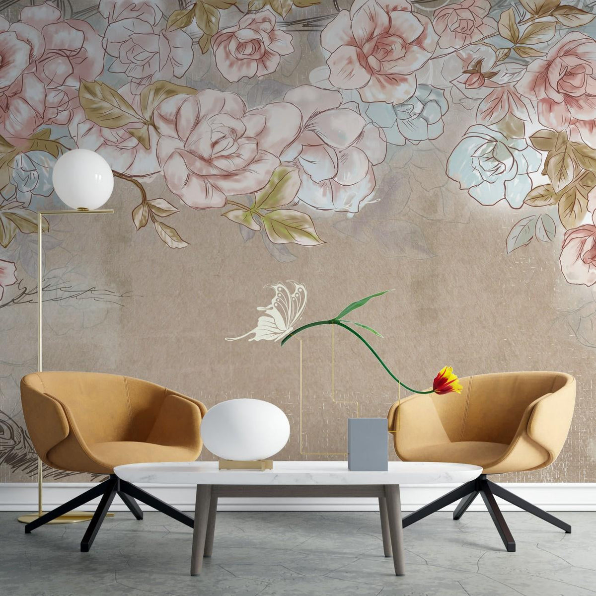 Tapet personalizat floral cu flori stilizate cu o textura ce aminteste de desenul cu creionul oferind un aspect artistic si original crayon blossom