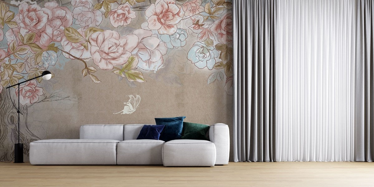 Tapet personalizat floral cu flori stilizate cu o textura ce aminteste de desenul cu creionul oferind un aspect artistic si original crayon blossom