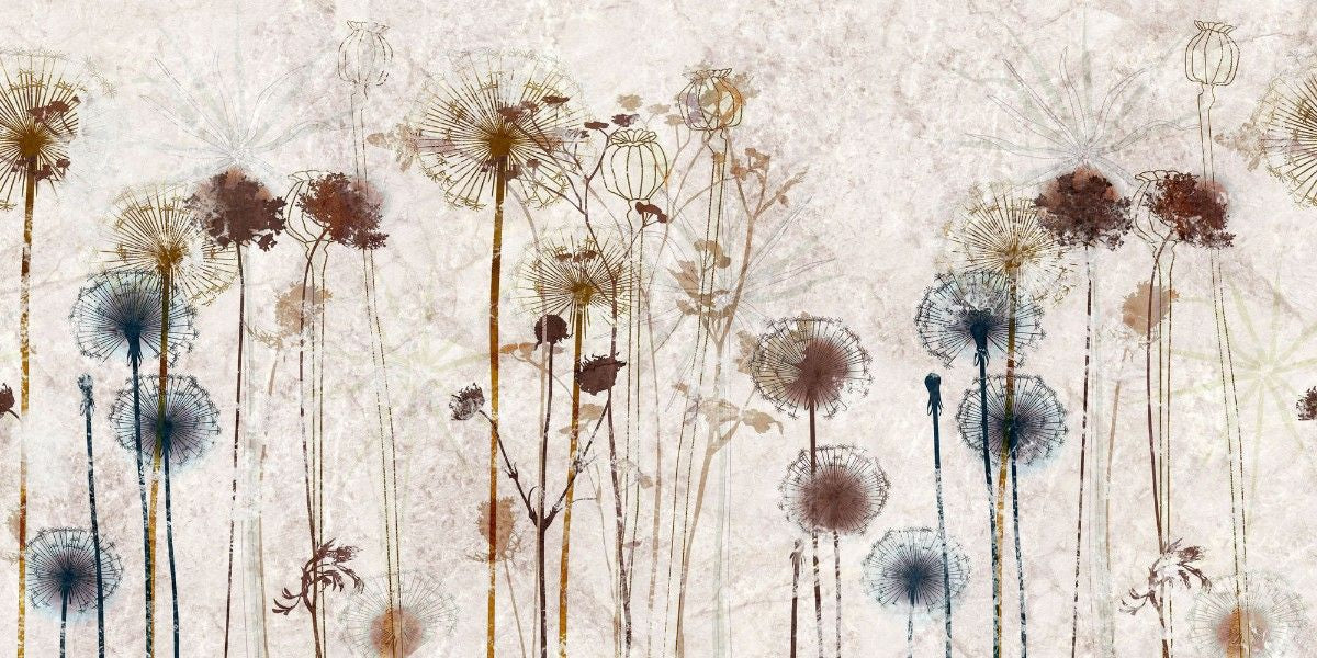 Tapet personalizat floral cu o ilustratie a unei flori de papadie in nuante de sienna aducand o nota de delicatete si o caldura pamantie sienna dandelion