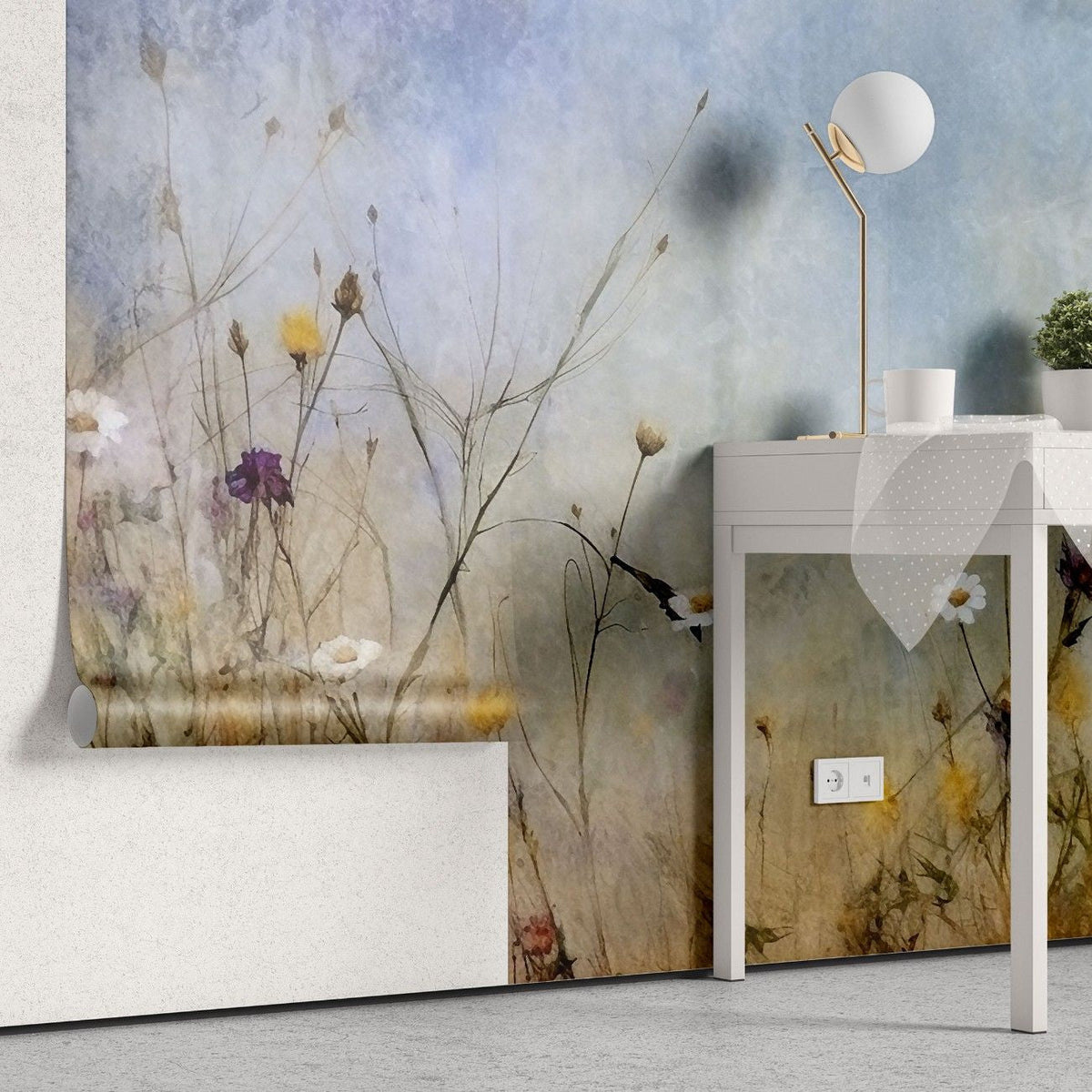 Tapet personalizat floral cu flori de camp pictate in tonuri intunecate ce aduc o nota de mister si o eleganta rustica painted wildflowers dark