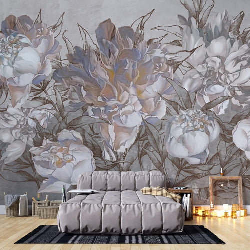 Tapet personalizat floral cu flori de bujor intr un stil artistic cu petale ample si culori vibrante emanand eleganta si creativitate artsy peonies