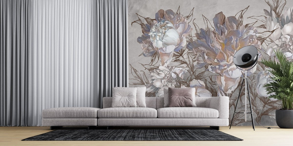 Tapet personalizat floral cu flori de bujor intr un stil artistic cu petale ample si culori vibrante emanand eleganta si creativitate artsy peonies