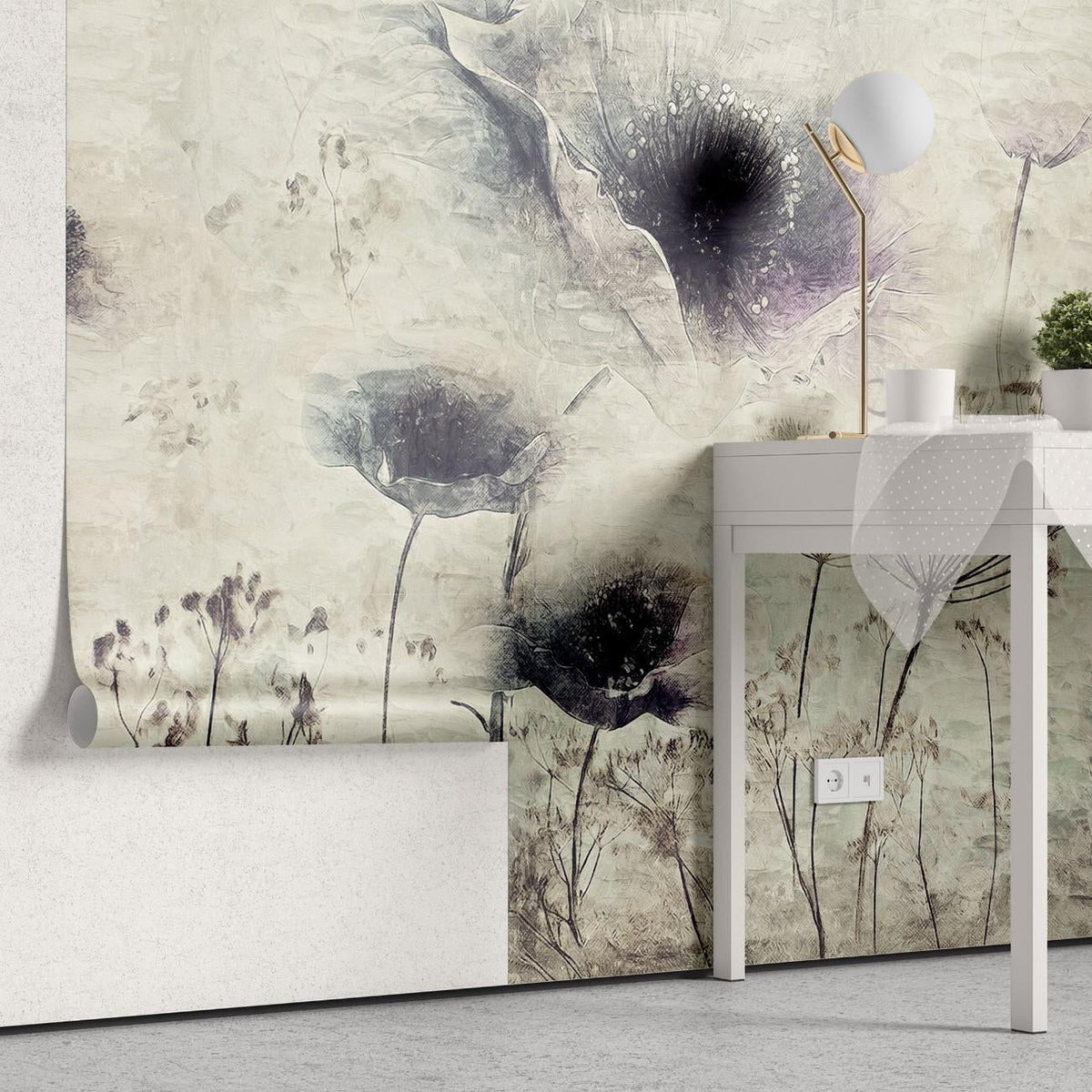 Tapet personalizat floral cu o ilustratie a unei flori in stil acuarela cu un efect de cerneala ce se difuzeaza aducand un plus de originalitate ink bloom