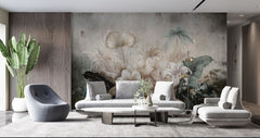 Tapet personalizat floral cu flori stilizate pe un fundal ce imita o fresca oferind un aspect clasic si atemporal fresco flowers
