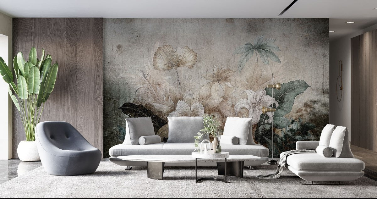 Tapet personalizat floral cu flori stilizate pe un fundal ce imita o fresca oferind un aspect clasic si atemporal fresco flowers