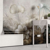 Tapet personalizat floral cu flori stilizate pe un fundal ce imita o fresca oferind un aspect clasic si atemporal fresco flowers