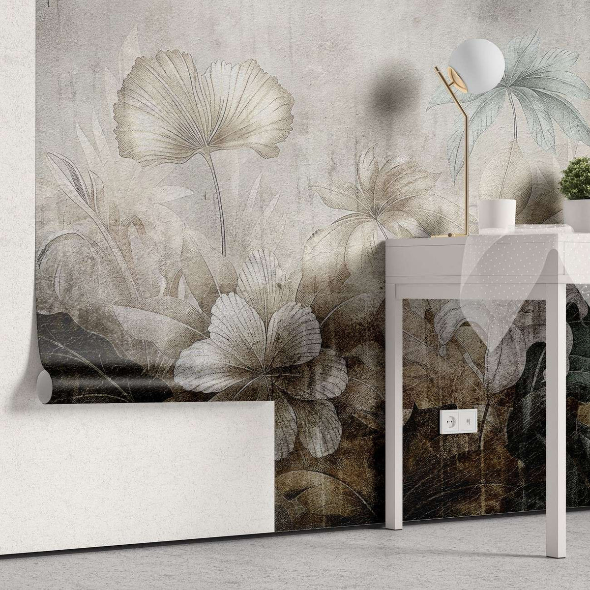 Tapet personalizat floral cu flori stilizate pe un fundal ce imita o fresca oferind un aspect clasic si atemporal fresco flowers