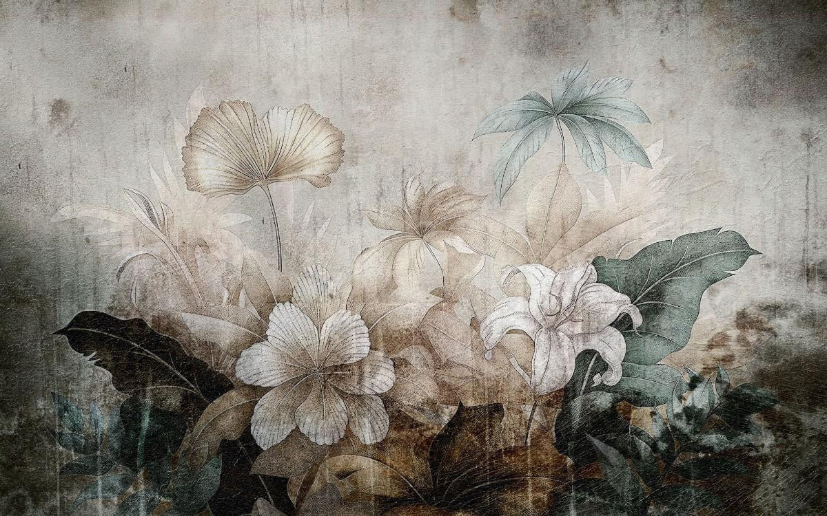 Tapet personalizat floral cu flori stilizate pe un fundal ce imita o fresca oferind un aspect clasic si atemporal fresco flowers