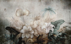 Tapet personalizat floral cu flori stilizate pe un fundal ce imita o fresca oferind un aspect clasic si atemporal fresco flowers