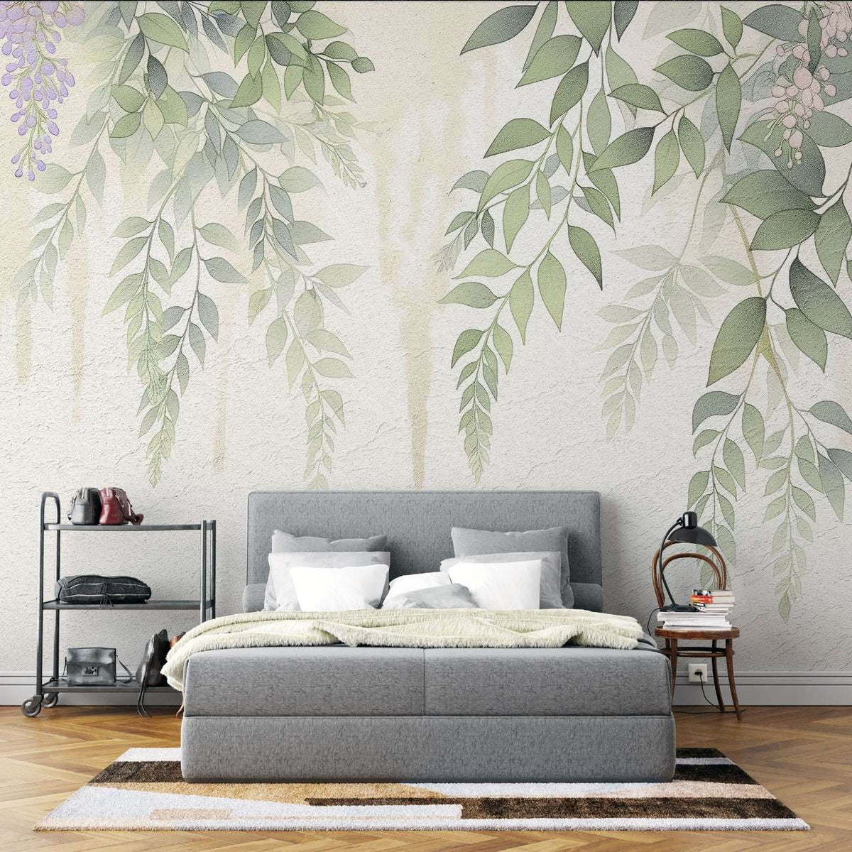 Tapet personalizat floral cu flori de wisteria in nuante delicate creand o cascada vizuala ce aduce un sentiment de liniste si armonie soft wisteria