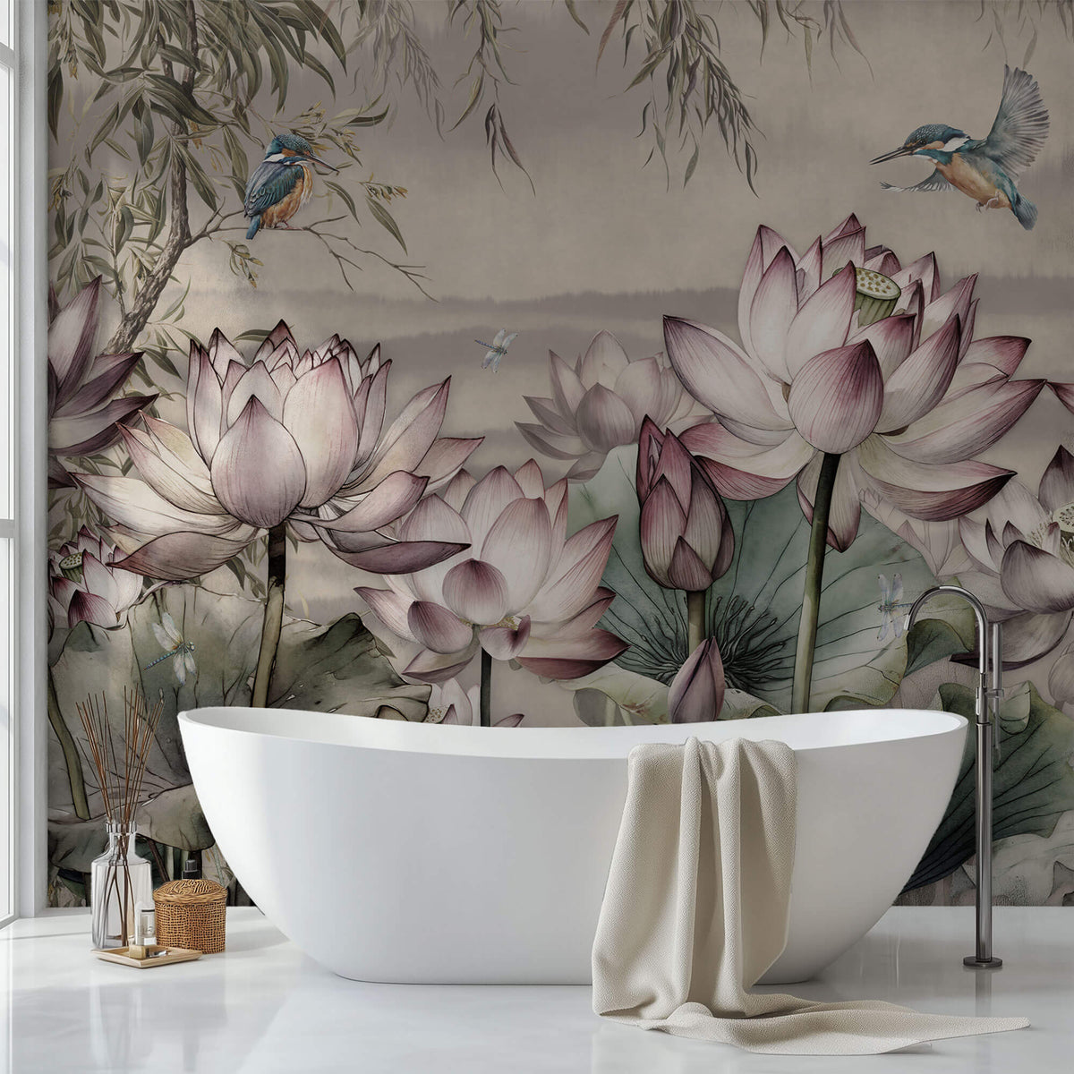 Tapet Personalizat Floral cu flori de lotus si pasari in zbor - LOTUS SEED PODS