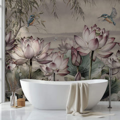 Tapet Personalizat Floral cu flori de lotus si pasari in zbor - LOTUS SEED PODS