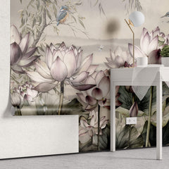 Tapet Personalizat Floral cu flori de lotus si pasari in zbor - LOTUS SEED PODS
