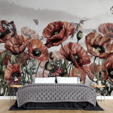 Tapet Personalizat Floral cu flori de mac si fluturi rosii - BUTTERFLY POPPIES