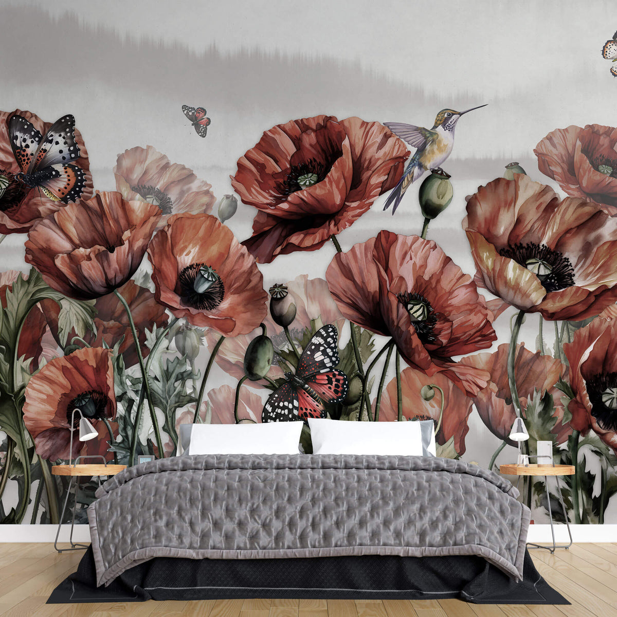 Tapet Personalizat Floral cu flori de mac si fluturi rosii - BUTTERFLY POPPIES