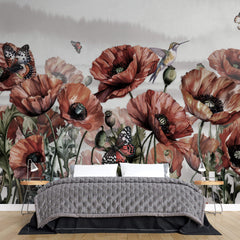 Tapet Personalizat Floral cu flori de mac si fluturi rosii - BUTTERFLY POPPIES