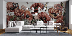 Tapet Personalizat Floral cu flori de mac si fluturi rosii - BUTTERFLY POPPIES